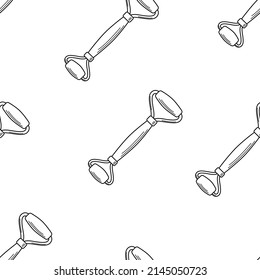 Seamless pattern of trendy gua sha scrapers made of natural stone and cosmetic oil, roller massager for facial care. Vector illustration skin care concept