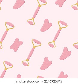 Seamless pattern of trendy gua sha scrapers made of natural stone and cosmetic oil, roller massager for facial care. Vector illustration skin care concept