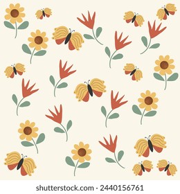 Patrón sin costuras con flores abstractas dibujadas a mano de moda y mariposa sobre fondo boho amarillo suave adecuado para tela, bolso, papel de embalaje, diseño de superficie, ropa para niños, producto de guardería