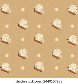 Seamless pattern with trendy hand drawn butterfly and circle on soft beige boho background suitable for fabric, bag, wrapping paper, surface design, children clothing, nursery product design