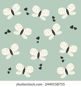 Patrón sin costuras con mariposa blanca dibujada a mano de moda y amor negro sobre fondo boho verde suave adecuado para tela, bolso, papel de embalaje, diseño de superficie, ropa para niños, diseño de producto de guardería