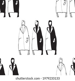 seamless pattern trendy illustration silhouettes of girls in coats black and white vector