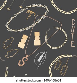 Seamless pattern of trendy jewelry and accessories: rings, bride, pendant, earrings, mono earring, bracelets. Woman fashion set for print, card, flyer, shop concept. Vector  on black  background