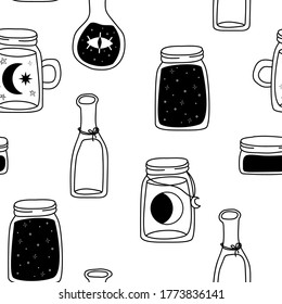 Seamless pattern with trendy line art jars, aztec style, tribal art, ethnic collection, vector illustration.