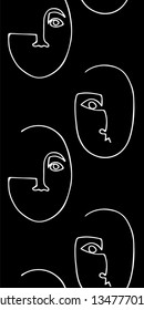 Seamless pattern with trendy minimalistic faces. Abstract linear silhouette of human faces. Modern avant- garde poster. White silhouette on black background