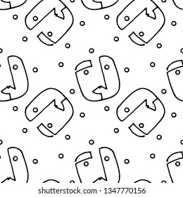 Seamless pattern with trendy minimalistic faces. Abstract linear silhouette of human faces. Modern avant- garde poster. Black silhouette on white background