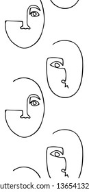 Seamless pattern with trendy minimalistic faces. Abstract linear silhouette of human faces. Modern avant- garde poster. Black silhouette on white background