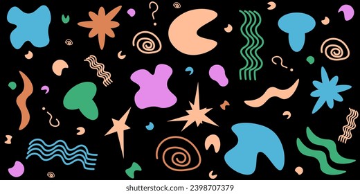 
Seamless pattern with Trendy Organic Shapes isolated black background. Avant-garde colored ornament. Vector illustration can used wallpaper, textile, bed linen print. Modern backdrop.