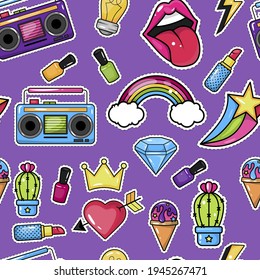 Seamless pattern with trendy patch badges with lips, tape recorder, cosmetics and other elements. Vector background with stickers, pins, patches in 80s-90s pop art comic cartoon style.