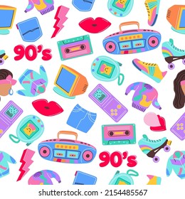 Seamless pattern with trendy patch badges with woman, lips, tape recorder, speech bubbles and other elements on white background. Vector illustration on theme fashion 90s.