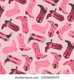 Seamless pattern in trendy pink colors with cowboy boots. Vector graphics.