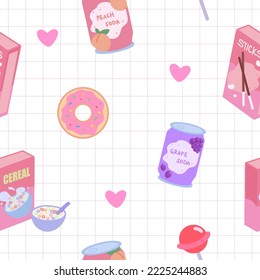 Seamless pattern with trendy pink food. Soda can, cereal box, cookie sticks, doughnut, candy. Cute girly repeat texture elements on pink grid. Vector illustration EPS 10