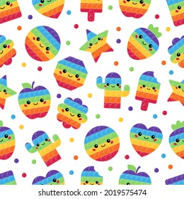 Seamless pattern with trendy Pop it toys with kawaii faces. Educational sensory popit games. Rainbow colors. Vector illustration.