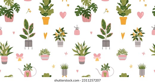 Seamless pattern with trendy potted plants, cartoon style. Indoor houseplants for interior. Urban Cozy home gardening hobby. Modern isolated vector illustration, hand drawn, flat.