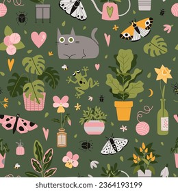 Seamless pattern with trendy potted plants, cat and butterflys, cartoon style. Houseplants for interior. Urban Cozy home gardening hobby. Modern vector illustration on green, hand drawn
