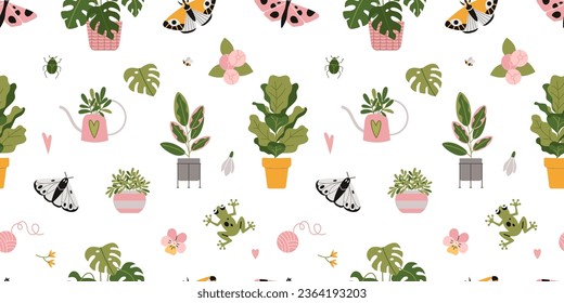 Seamless pattern with trendy potted plants, cartoon style. Indoor houseplants for interior, flower and butterflys. Urban Cozy home gardening hobby. Modern vector illustration on white, hand drawn