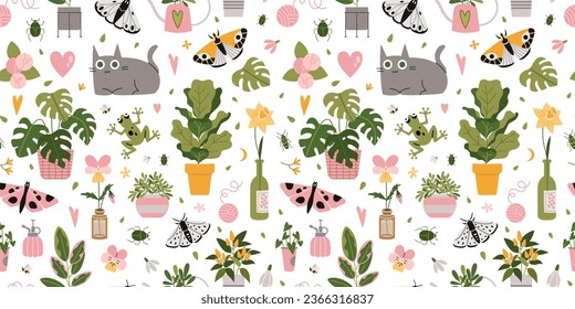 Patrón sin foco con plantas de última moda, gatos y mariposas, estilo de dibujos animados. Instalaciones interiores. Hobby de huertos caseros Urban Cosy. Ilustración vectorial moderna en blanco, dibujada a mano