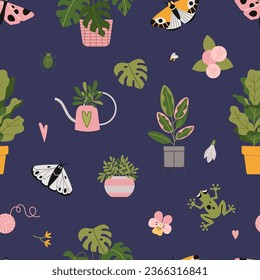 Seamless pattern with trendy potted plants, cartoon style. Indoor houseplants for interior, flower and butterflys. Urban Cozy home gardening hobby. Modern vector illustration on blue, hand drawn