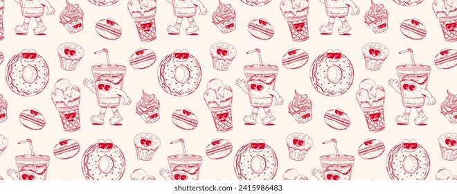 Seamless pattern with trendy retro cartoon sweet fast food characters in linear style. Modern cartoon style. Background with mascots for bar, restaurant menu.