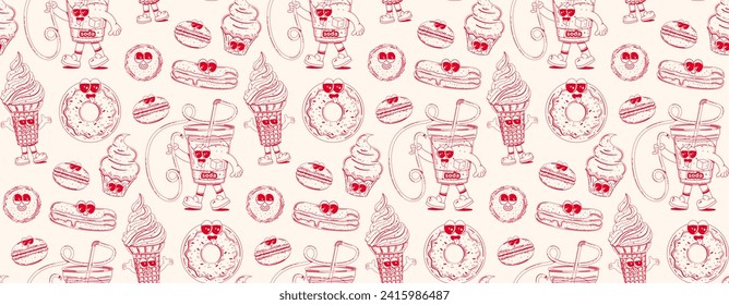 Seamless pattern with trendy retro cartoon sweet fast food characters in linear style. Modern cartoon style. Background with mascots for bar, restaurant menu.