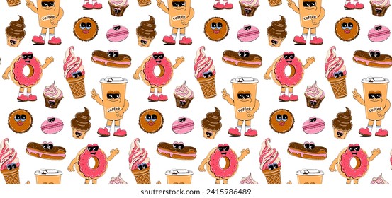 Seamless pattern with trendy retro cartoon sweet fast food characters. Modern cartoon style. Background with colorful Mascots for bar, restaurant menu.