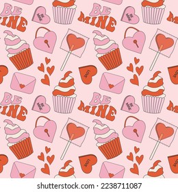 Seamless pattern in trendy retro groovy style. With valentines day elements