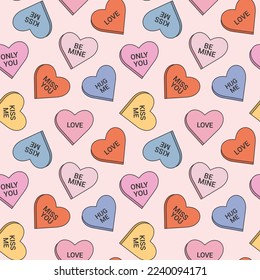 Seamless pattern in trendy retro groovy style. With valentines day elements. Candy hearts