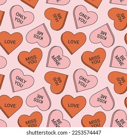 Seamless pattern in trendy retro groovy style. With valentines day elements. Red and pink candy hearts