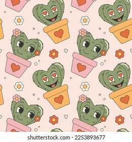 Seamless pattern in trendy retro groovy style. With valentines day elements. Cute cactus and flowers