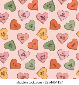 Seamless pattern in trendy retro groovy style. With valentines day elements. Candy hearts