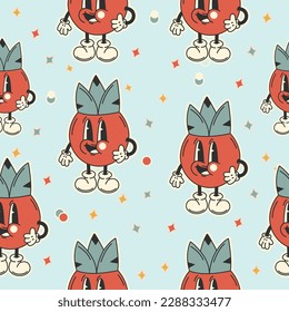 Seamless pattern in trendy retro groovy style,y2k with cartoon characters. Vector cute succulent. flat illustration
