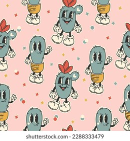 Patrón sin foco en el estilo retro de moda, y2k con personajes de dibujos animados. Vector lindo cactus. ilustración plana