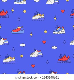 Seamless pattern with trendy retro sneakers, dad or ugly shoes on high platform for print, texture design, wrapping paper, textile or fabric ornament. Reapeat drawing in a trendy style.