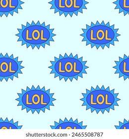 Seamless Pattern with trendy retro sticker cartoon shape. Funny quote sign patch blue LOL. Flat Vector Design.