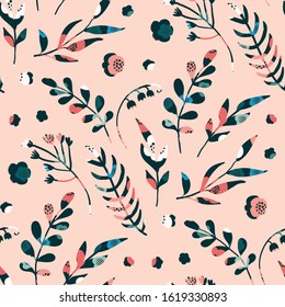 Seamless pattern with trendy scandinavian hand drawn flowers. Pink floral primitive print. Vector illustration.