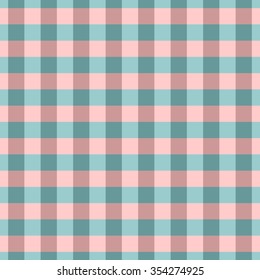 Seamless pattern with trendy stylish cell Gingham, volume strips of cells. The two shades of color dark aquamarine and coral.