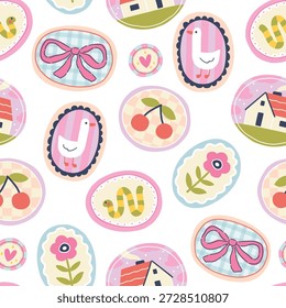 Padrão contínuo com formas de verão na moda em cores pastel. Moderno ambiente de aldeia com ícones elegantes ovais, bonitos elementos ingênuos doodle para tecidos infantis, impressão de tecido ou decoração brilhante berçário