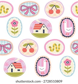 Seamless pattern with trendy summer shapes in pastel colors. Modern village mood with stylish oval icons, cute naive doodle elements for childish textiles, fabric print or bright nursery decor