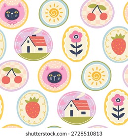 Seamless pattern with trendy summer shapes in pastel colors. Modern village mood with stylish oval icons, cute naive doodle elements for childish textiles, fabric print or bright nursery decor