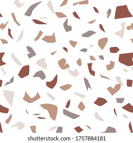 Seamless pattern in trendy terrazzo style flooring. Imitation of stone with marble fragments. Abstract geometric shapes. Stock vector illustration on isolated background.