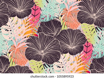 Seamless pattern with trendy tropical summer motifs, exotic flowers, leaves and plants. Green, blue, pink, brown colors. For fabric, wallpapers, textile.