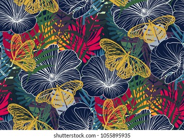 Seamless pattern with trendy tropical summer motifs, butterflies, exotic flowers, leaves and plants. Green, red, blue, yellow colors. For fabric, wallpapers, textile.