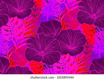 Seamless pattern with trendy tropical summer motifs, exotic flowers, leaves and plants. Violet, purple, blue, pink colors. For fabric, wallpapers, textile.