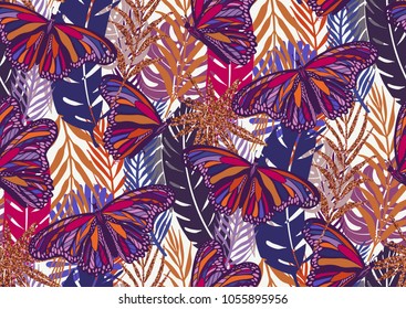 Seamless pattern with trendy tropical summer motifs, butterflies, exotic leaves and plants. Gold glitter texture, violet, purple, blue, pink colors. For fabric, wallpapers, textile.