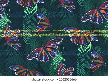 Seamless pattern with trendy tropical summer motifs, butterflies, exotic leaves and plants. Gold glitter texture, green, blue, pink colors. For fabric, wallpapers, textile.