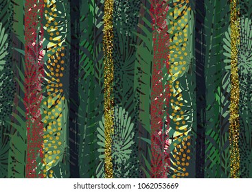 Seamless pattern with trendy tropical summer motifs, exotic leaves and plants. Gold glitter texture, green, blue, pink colors. For fabric, wallpapers, textile.