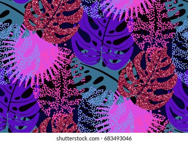 Seamless pattern with trendy tropical summer motifs, exotic leaves and plants. Red glitter texture, pink, blue colors.