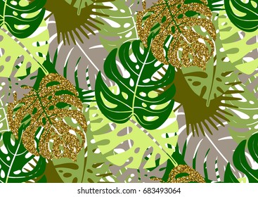 Seamless pattern with trendy tropical summer motifs, exotic leaves and plants. Gold glitter texture, green, brown colors.