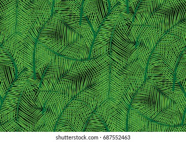 Seamless pattern with trendy tropical summer motifs, exotic leaves and plants. Green, black colors.