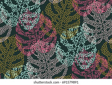Seamless pattern with trendy tropical summer motifs, exotic leaves and plants. Stipple texture, pink, green, blue colors. For fabric, wallpapers, web page backgrounds, surface textures, textile.